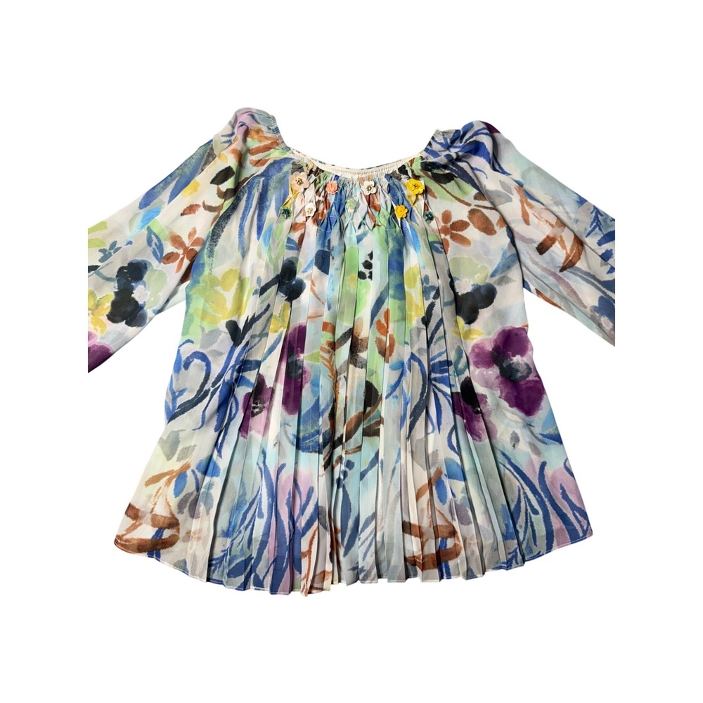 Ali Miles Watercolor Floral Smocked 3D Flower Blouse Blue Purple 3/4 Sleeve Top